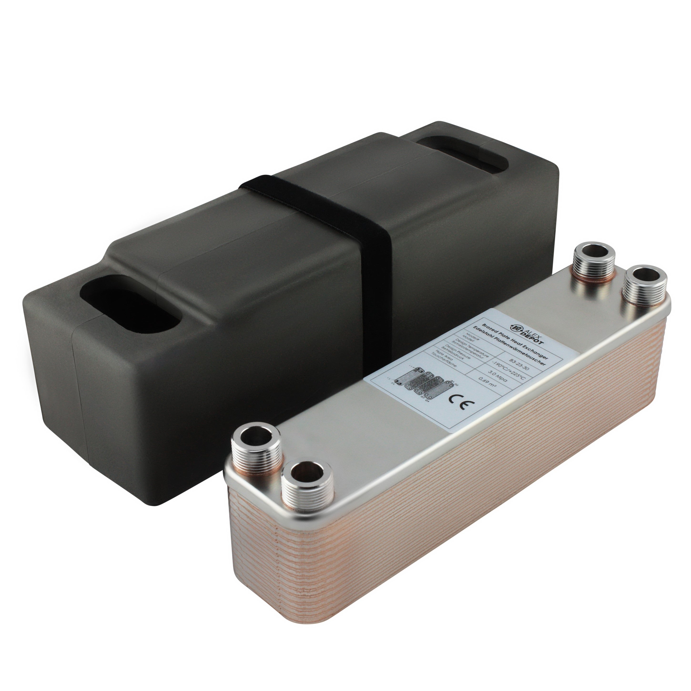 Edelstahl Plattenwärmetauscher B3-23-30 mit 4x ¾ Zoll Anschlüssen, 135 kW Leistung, mit PUR-Hartschaum Isolierschale – ideal für Heizung und Solar