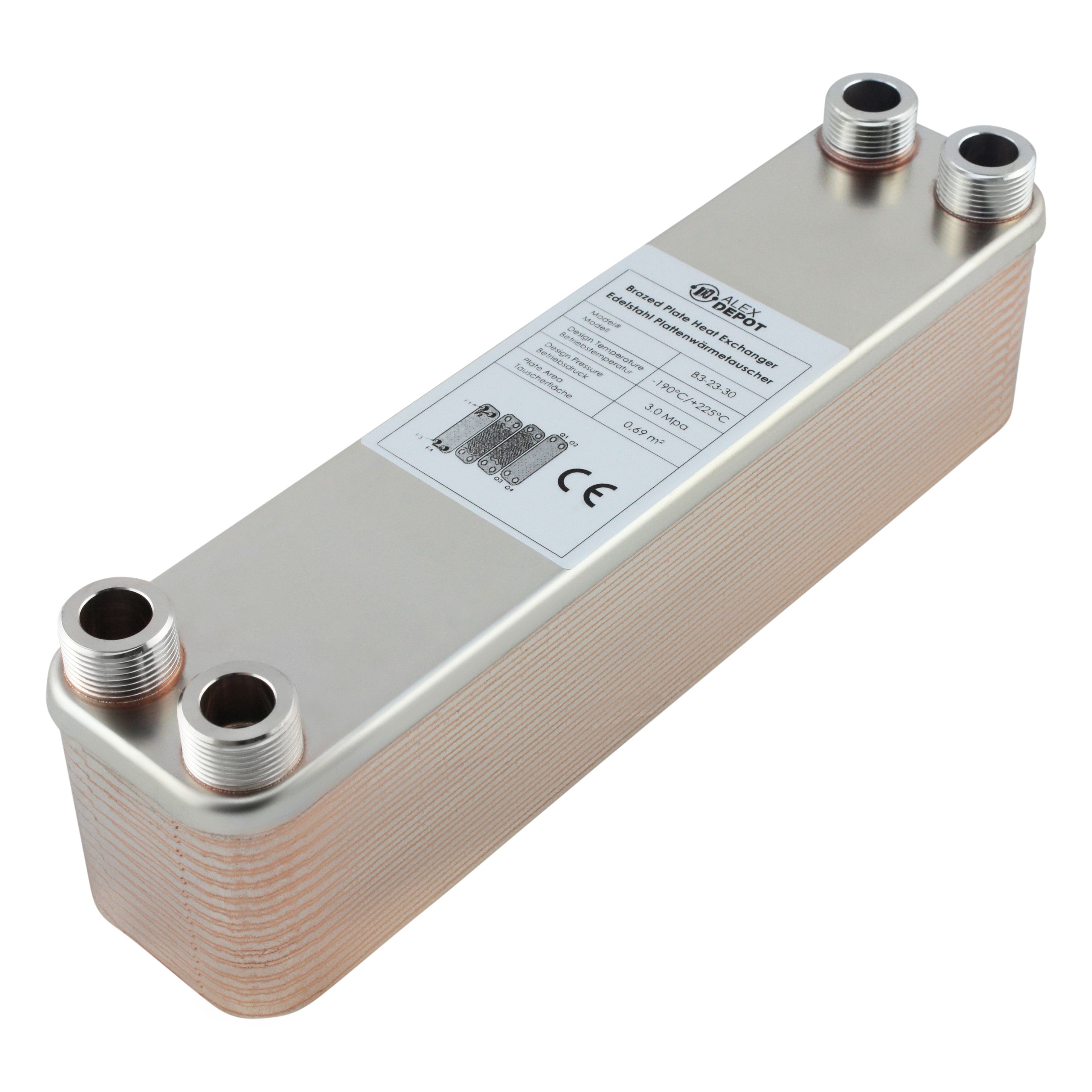 Edelstahl Plattenwärmetauscher B3-23-30 mit 4x ¾ Zoll Anschlüssen, 135 kW Leistung – ideal für Heizung und Solar