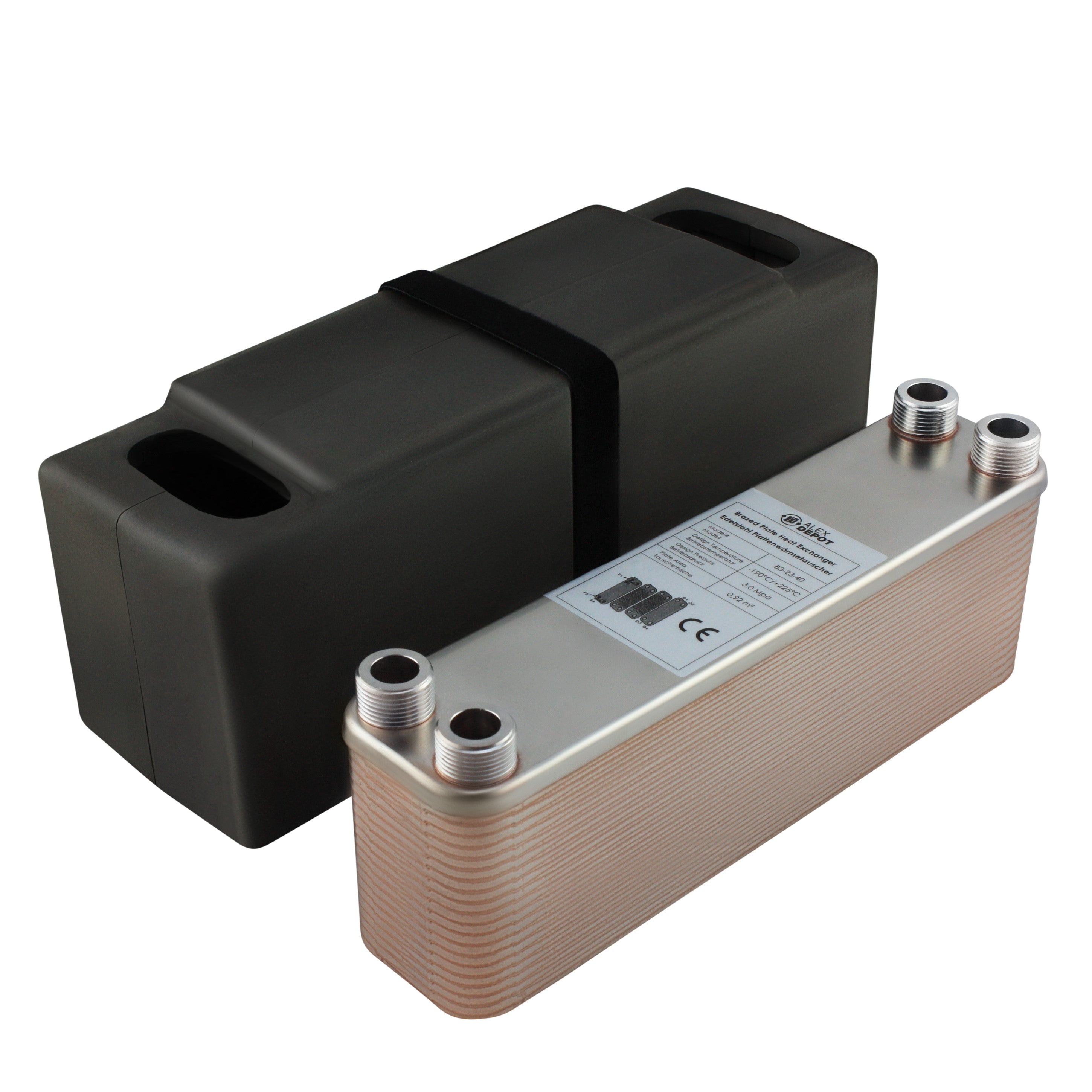 Edelstahl Plattenwärmetauscher B3-23-40 mit 4x ¾ Zoll Anschlüssen, 180 kW Leistung, mit PUR-Hartschaum Isolierschale – ideal für Heizung und Solar