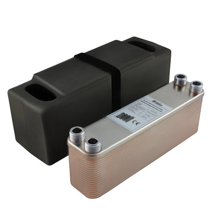 Edelstahl Plattenwärmetauscher B3-23-40 mit 4x ¾ Zoll Anschlüssen, 180 kW Leistung, mit PUR-Hartschaum Isolierschale – ideal für Heizung und Solar