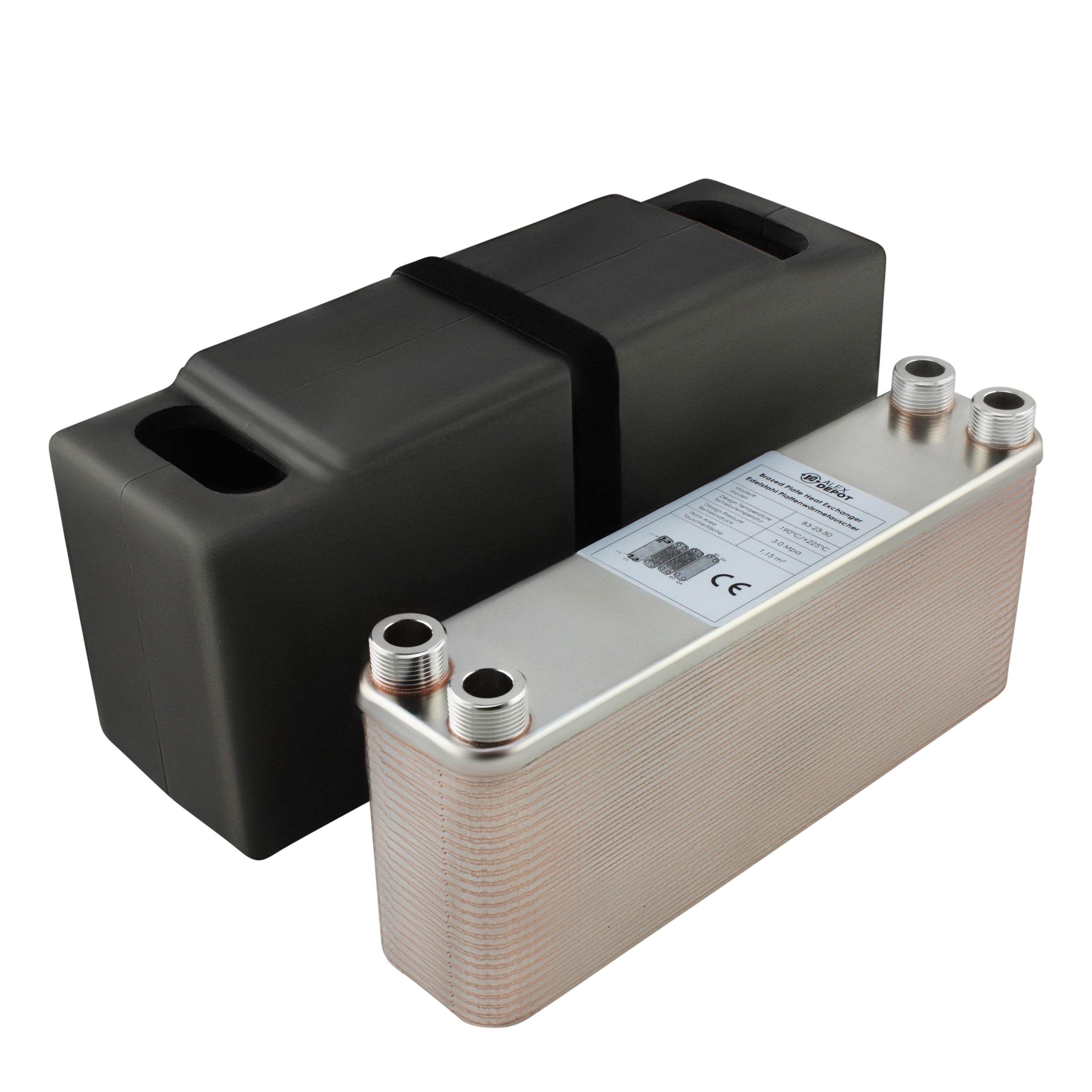 Edelstahl Plattenwärmetauscher B3-23-50 mit 4x ¾ Zoll Anschlüssen, 225 kW Leistung, mit PUR-Hartschaum Isolierschale – ideal für Heizung und Solar