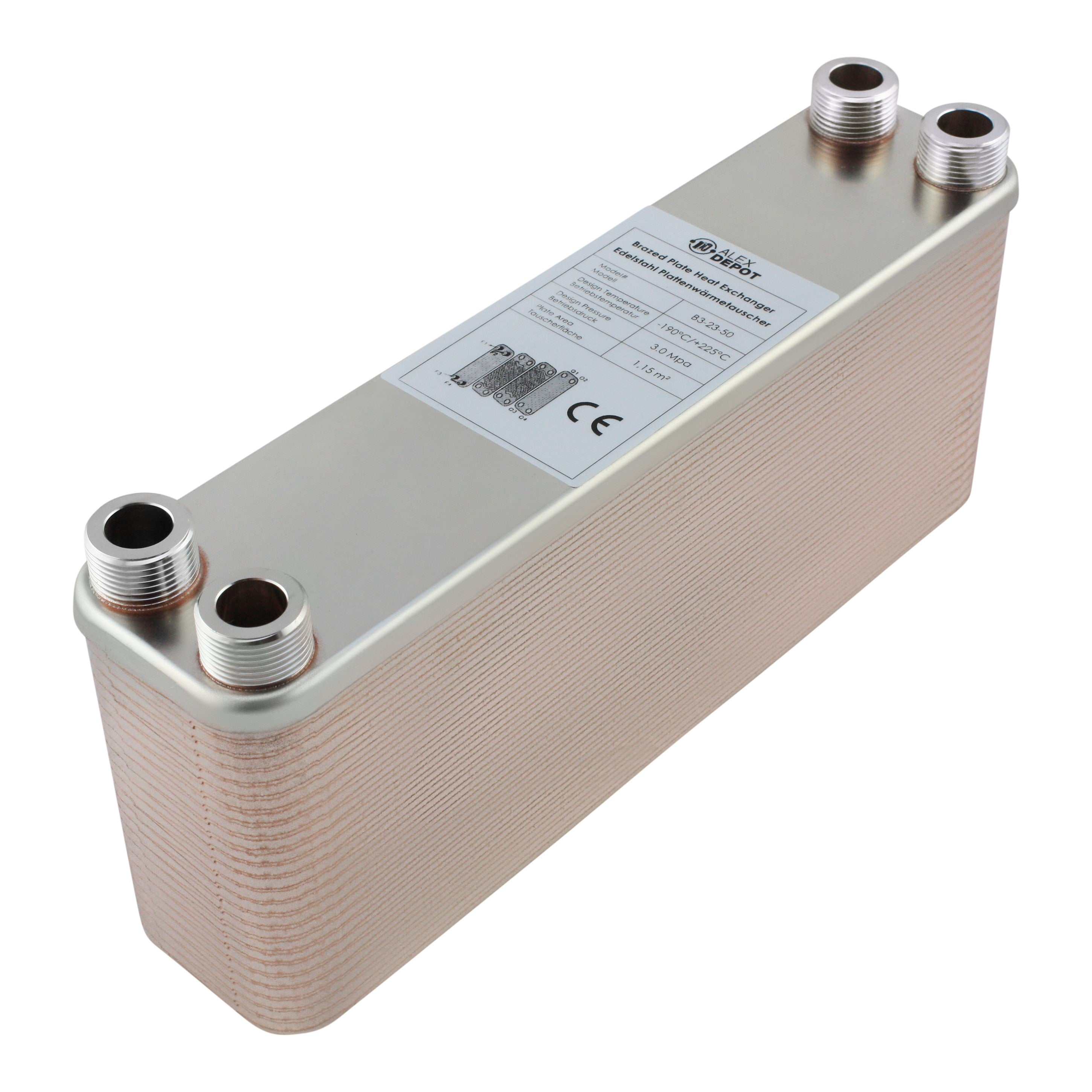 Edelstahl Plattenwärmetauscher B3-23-50 mit 4x ¾ Zoll Anschlüssen, 225 kW Leistung – ideal für Heizung und Solar