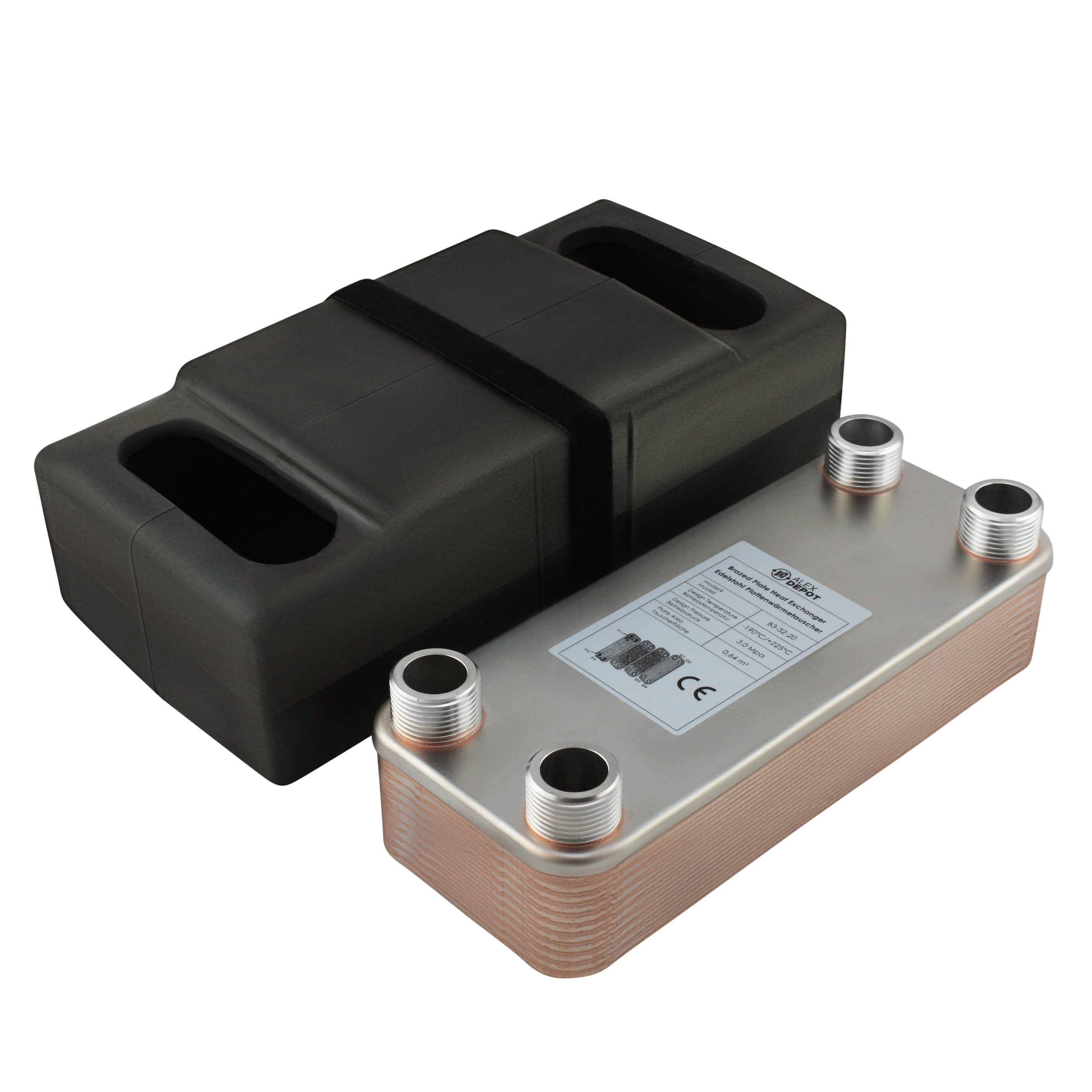 Edelstahl Plattenwärmetauscher B3-32-20 mit 4x 1 Zoll Anschlüssen, 115 kW Leistung, mit PUR-Hartschaum Isolierschale – ideal für Heizung und Solar