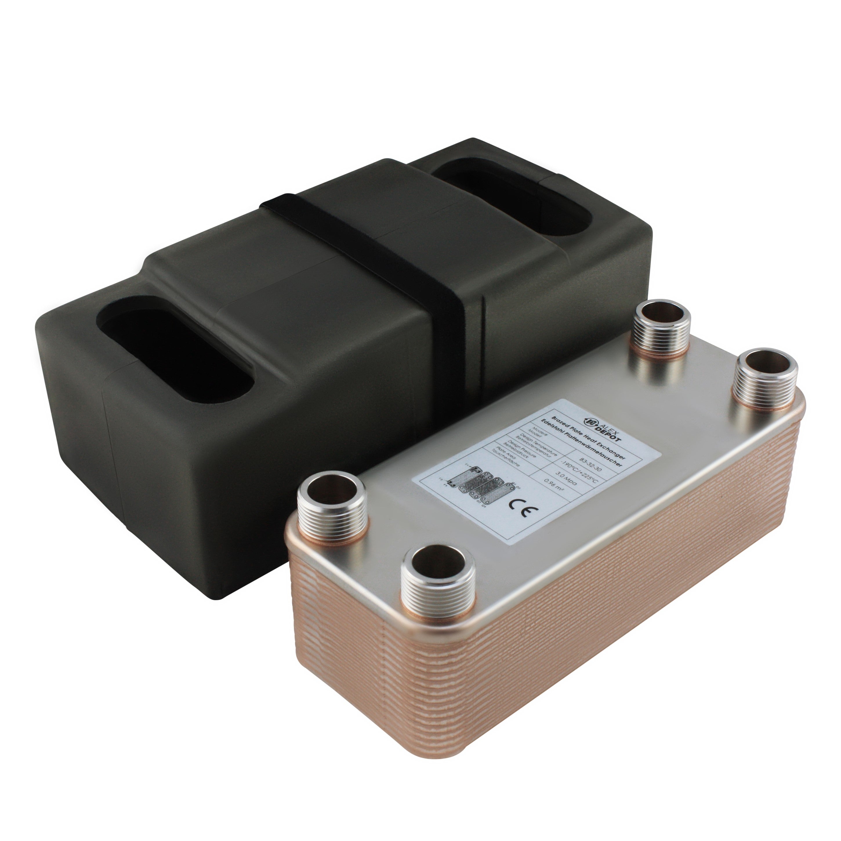 Edelstahl Plattenwärmetauscher B3-32-30 mit 4x 1 Zoll Anschlüssen, 175 kW Leistung, mit PUR-Hartschaum Isolierschale – ideal für Heizung und Solar