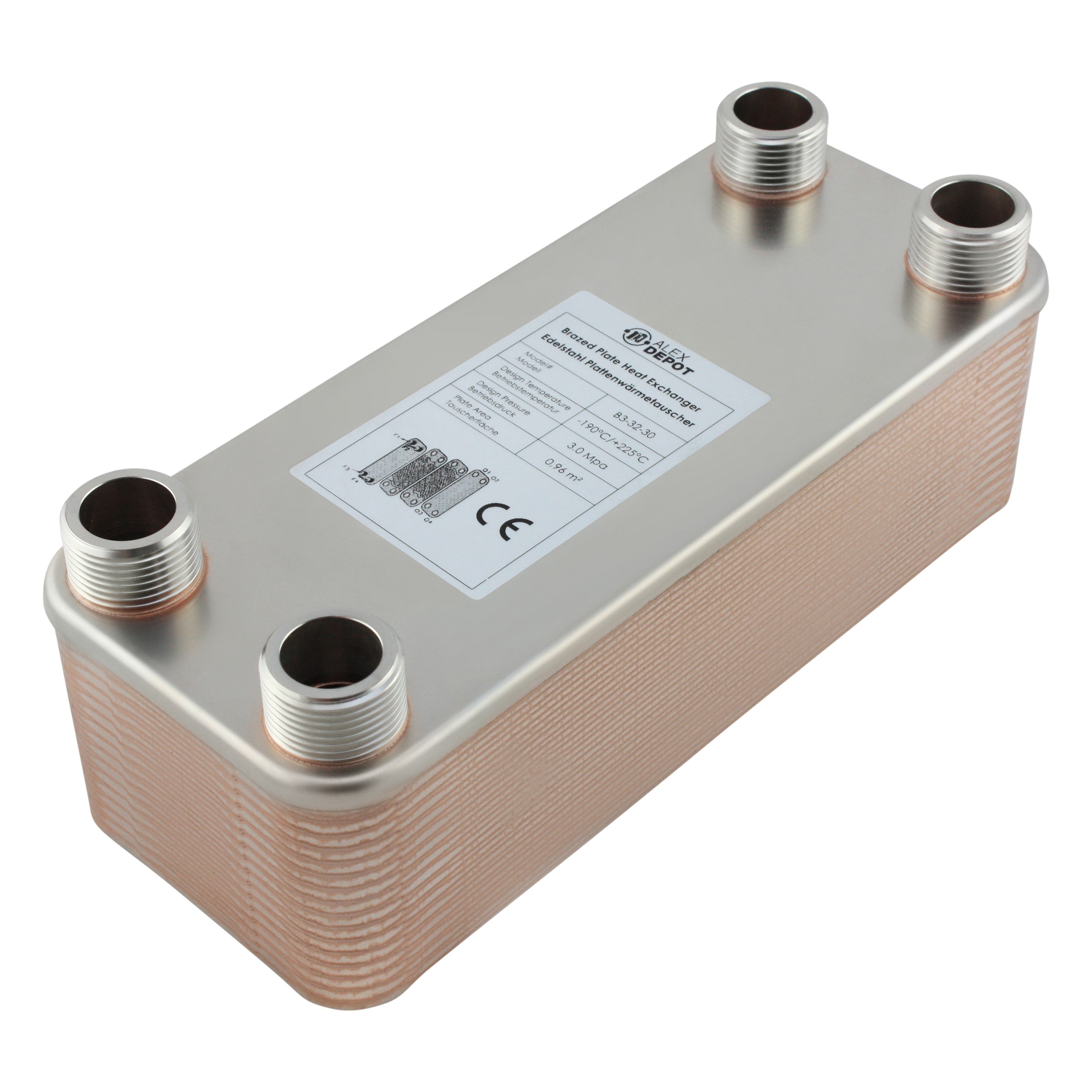 Edelstahl Plattenwärmetauscher B3-32-30 mit 4x 1 Zoll Anschlüssen, 175 kW Leistung – ideal für Heizung und Solar