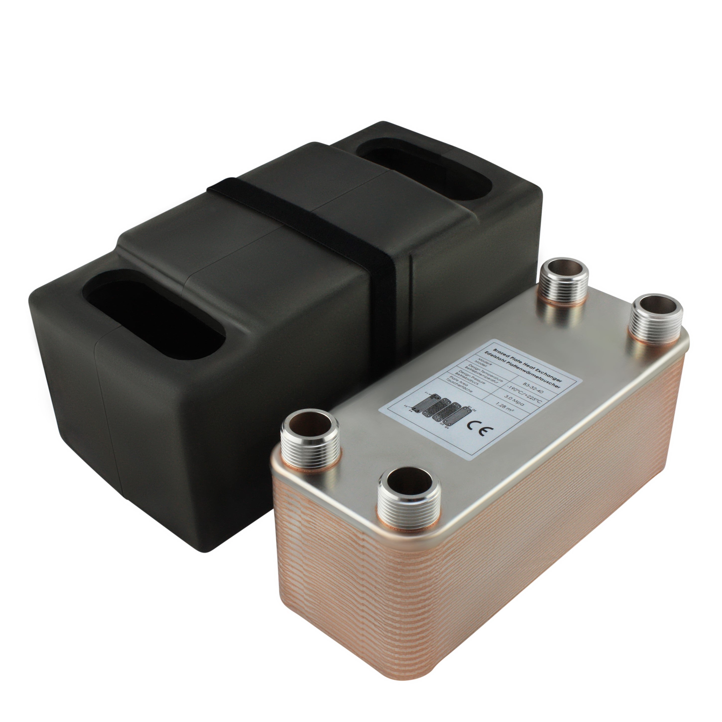 Edelstahl Plattenwärmetauscher B3-32-40 mit 4x 1 Zoll Anschlüssen, 230 kW Leistung, mit PUR-Hartschaum Isolierschale – ideal für Heizung und Solar