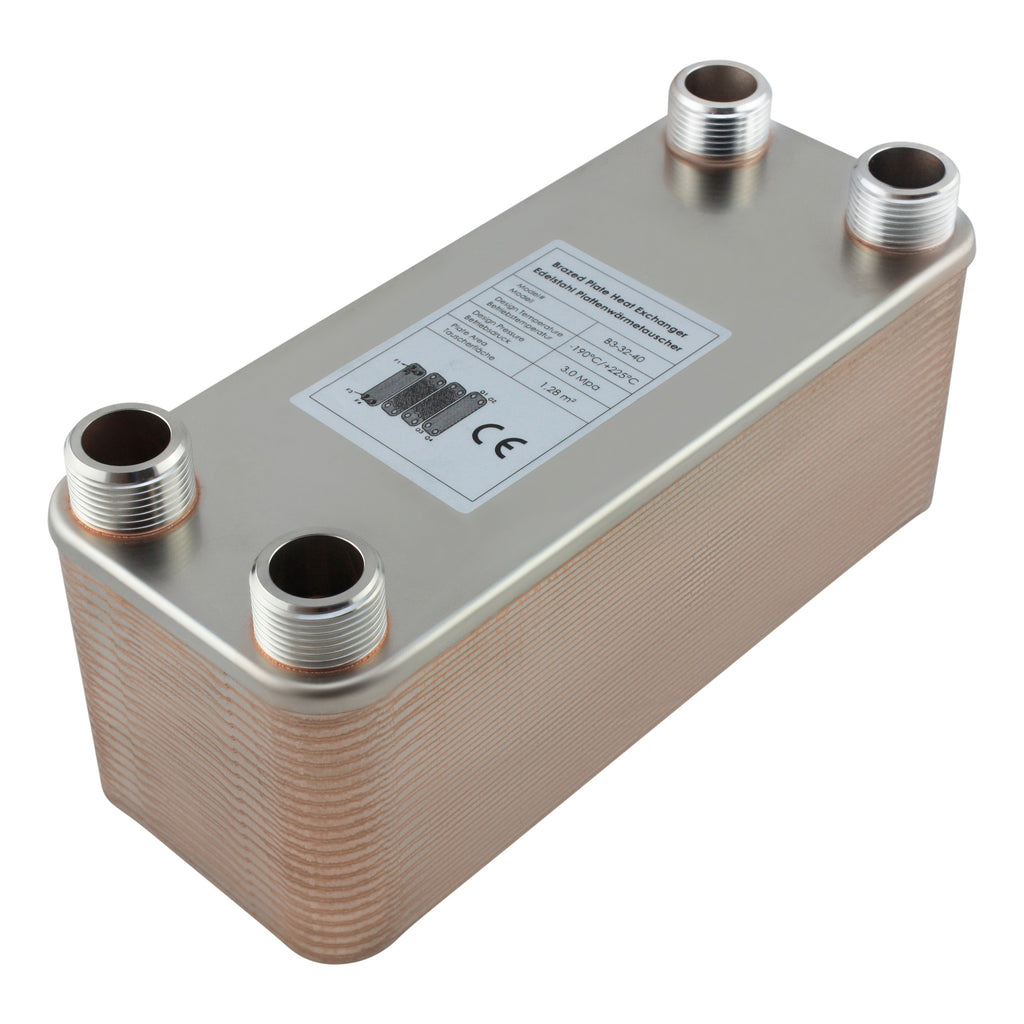 Edelstahl Plattenwärmetauscher B3-32-40 mit 4x 1 Zoll Anschlüssen, 230 kW Leistung – ideal für Heizung und Solar