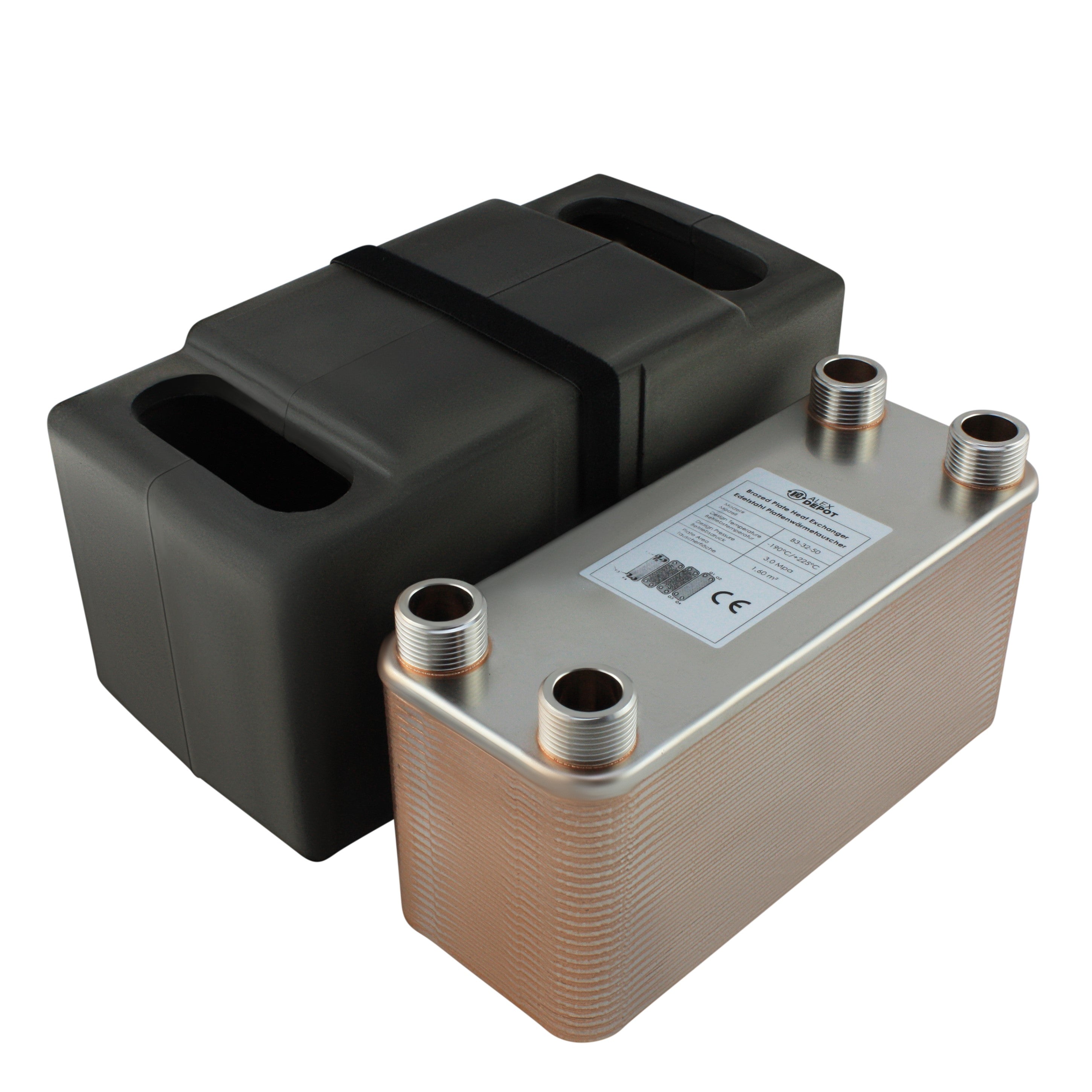 Edelstahl Plattenwärmetauscher B3-32-50 mit 4x 1 Zoll Anschlüssen, 285 kW Leistung, mit PUR-Hartschaum Isolierschale – ideal für Heizung und Solar