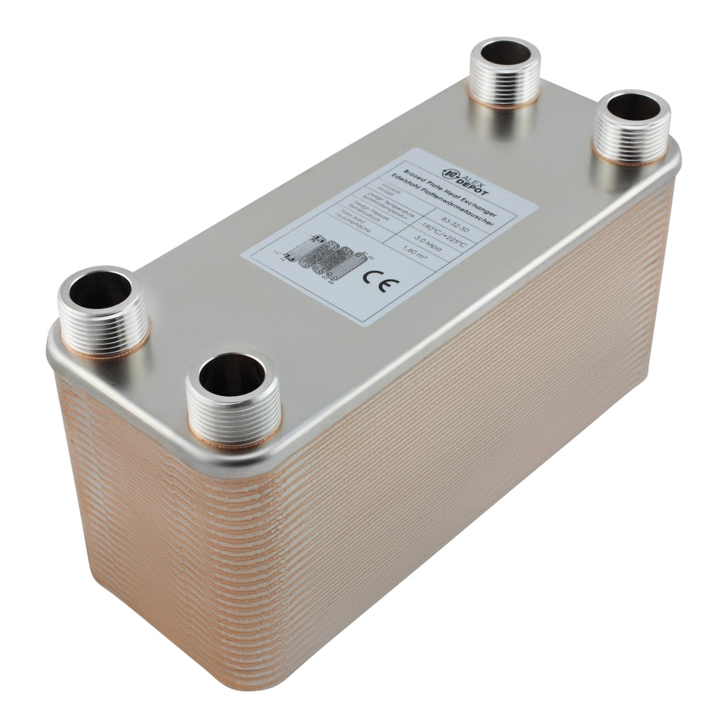 Edelstahl Plattenwärmetauscher B3-32-50 mit 4x 1 Zoll Anschlüssen, 285 kW Leistung – ideal für Heizung und Solar