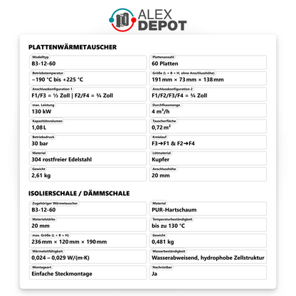 Datenblatt für Plattenwärmetauscher und Isolierschale Modell B3-12-60